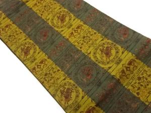 縞に狩猟丸文・抽象花唐草・動物模様織出し名古屋帯